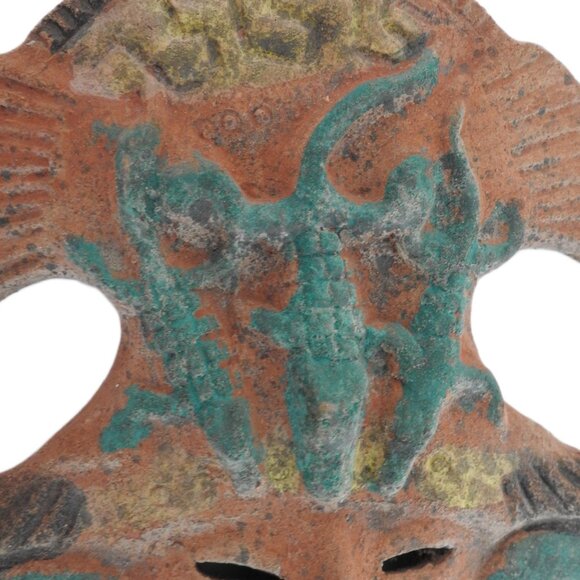 Aztec Mayan Warrior Terracotta Clay Wall Mask Alligators Brass Beard 10" Mexico - Picture 5 of 11